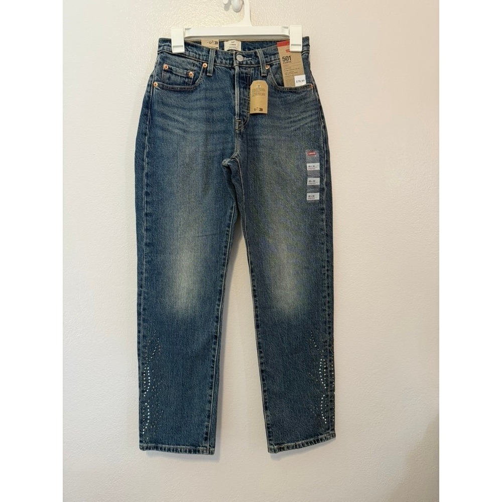 Levis 501 Curve Stretch High Rise Straight Leg Blue Rhinestone Jeans 28x30 NEW